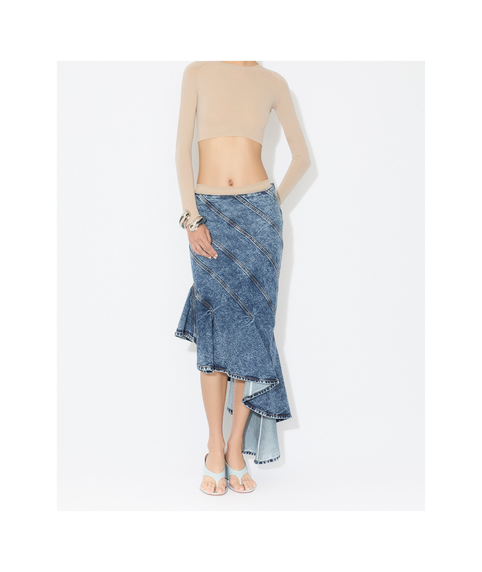 Alaïa Spiral Design Denim Midi Skirt With Hem In Blue