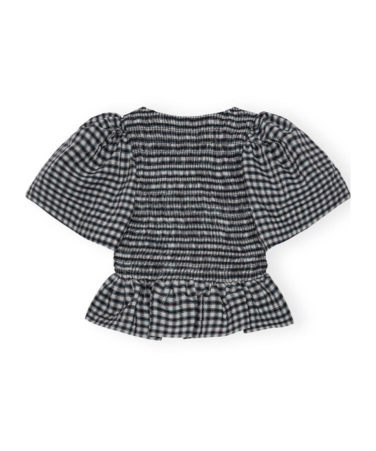 GANNI SEERSUCKER CHECK OPEN-NECK SMOCK BLOUSE