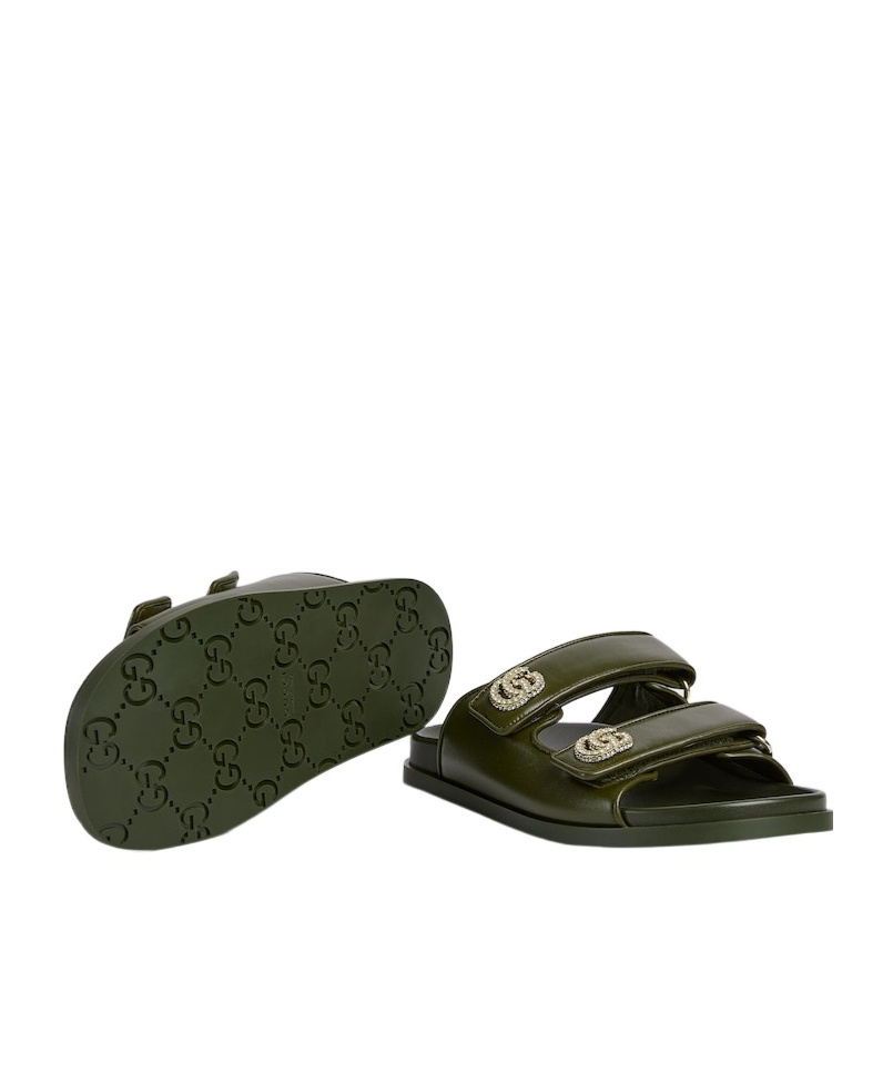 Gucci Crystal Double Strap Flat Sandals In Green