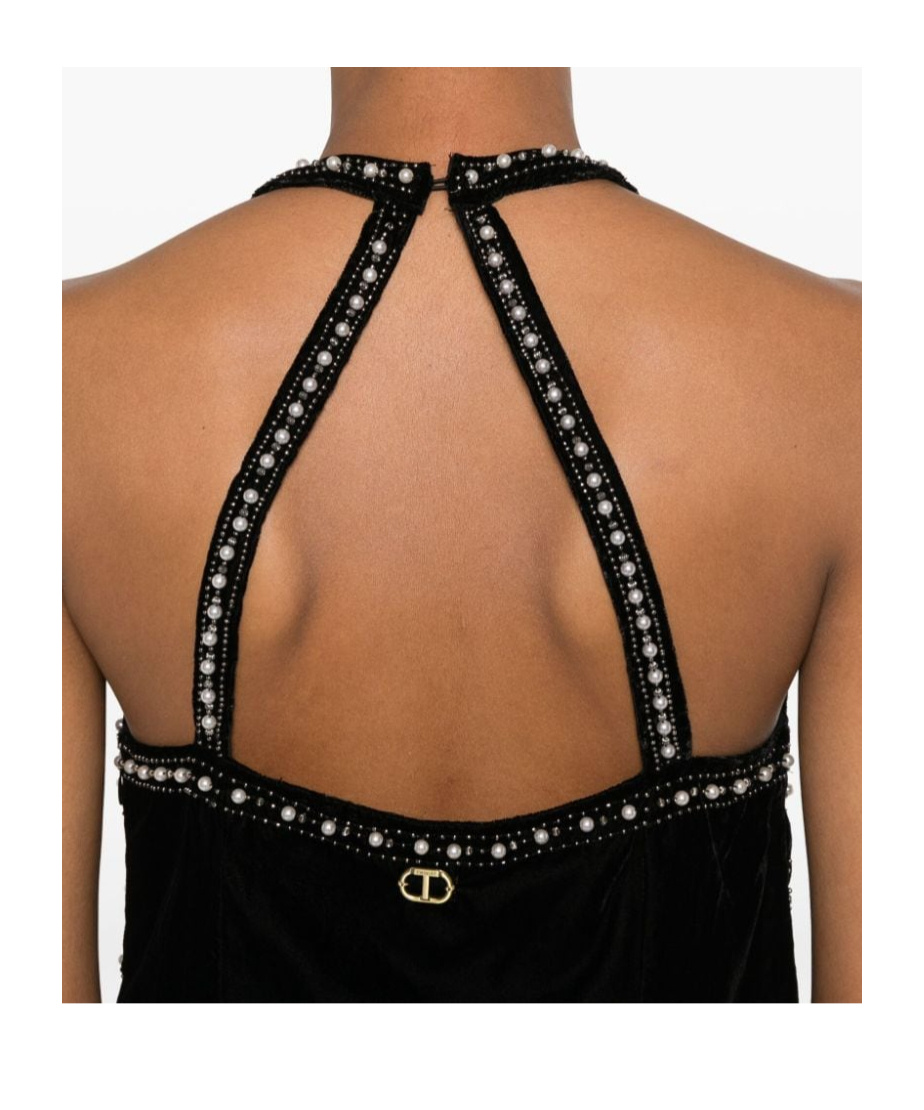 Shop Twinset Crystal-embroidered Velvet Mini Dress In Black