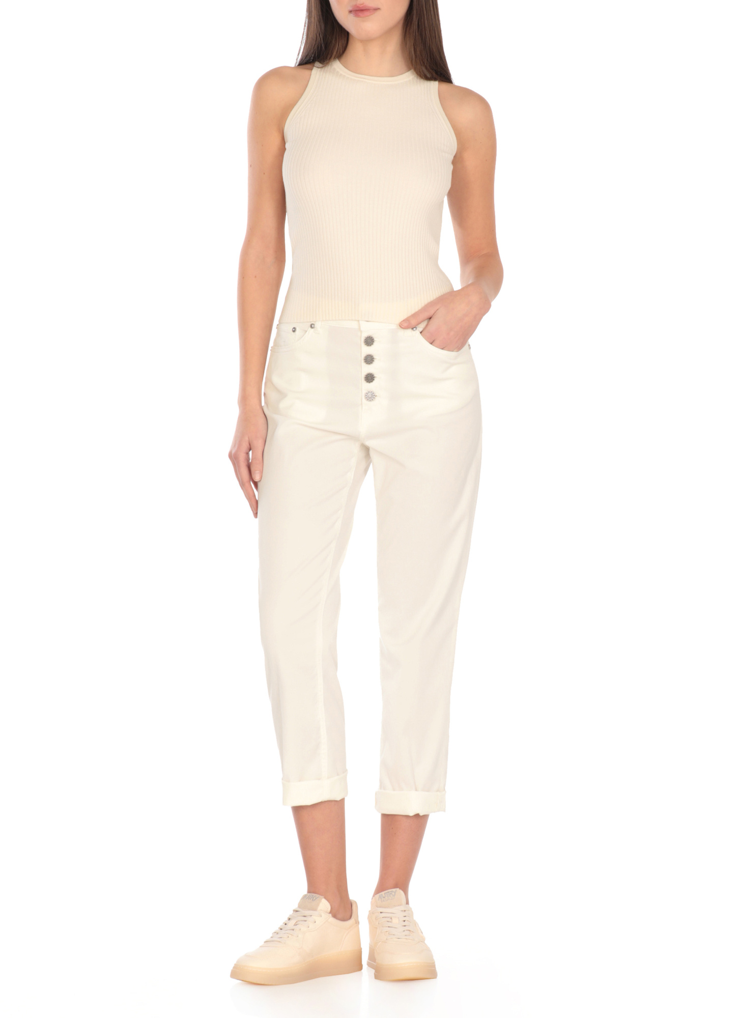Dondup Cropped Cotton-blend Denim Jeans With Button Detailing In White