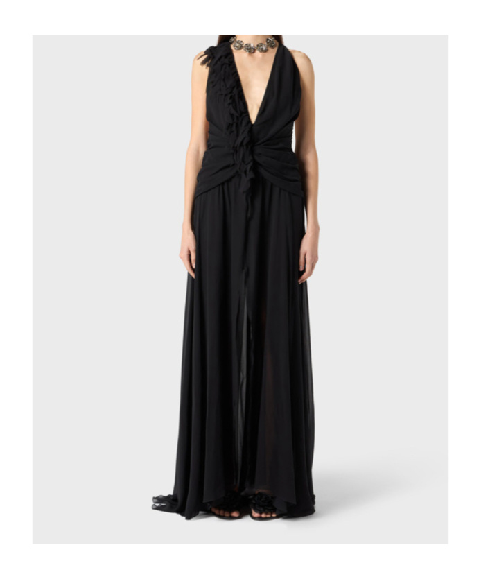 Blumarine Georgette Long Dress With Drapes In Black