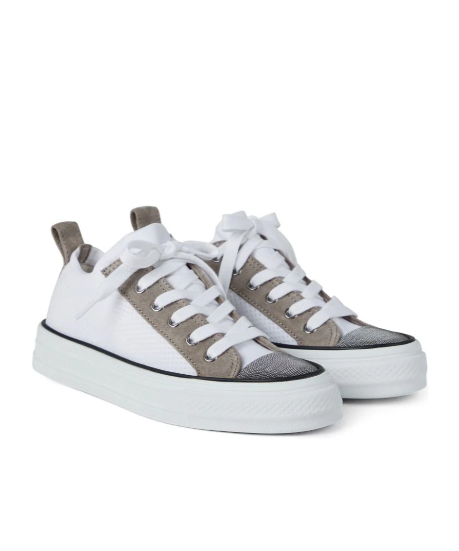 Brunello Cucinelli Knit Monili Cap-toe Sneakers In White