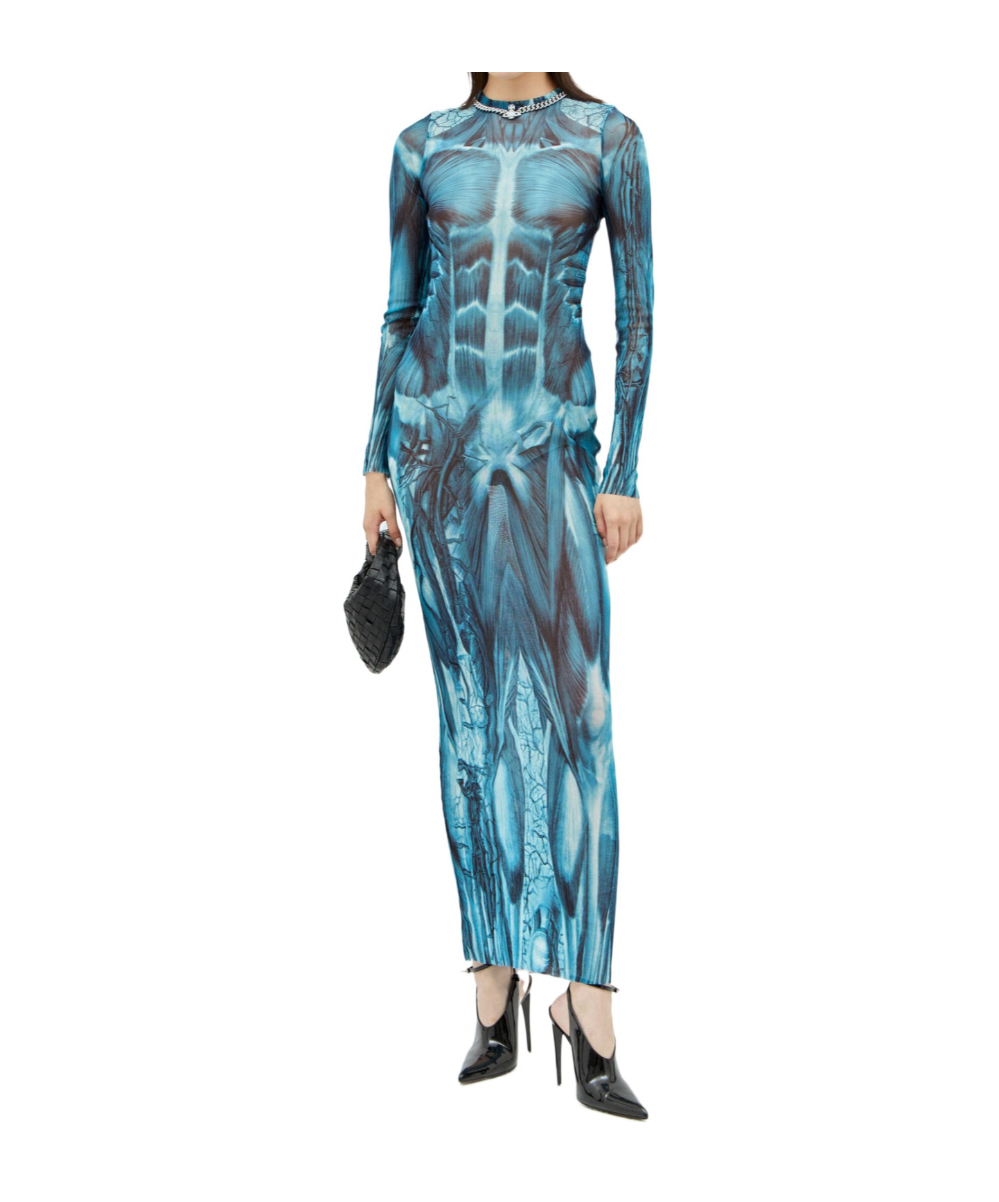 Jean Paul Gaultier Mesh Long Dress With Anatomical Print In Blue