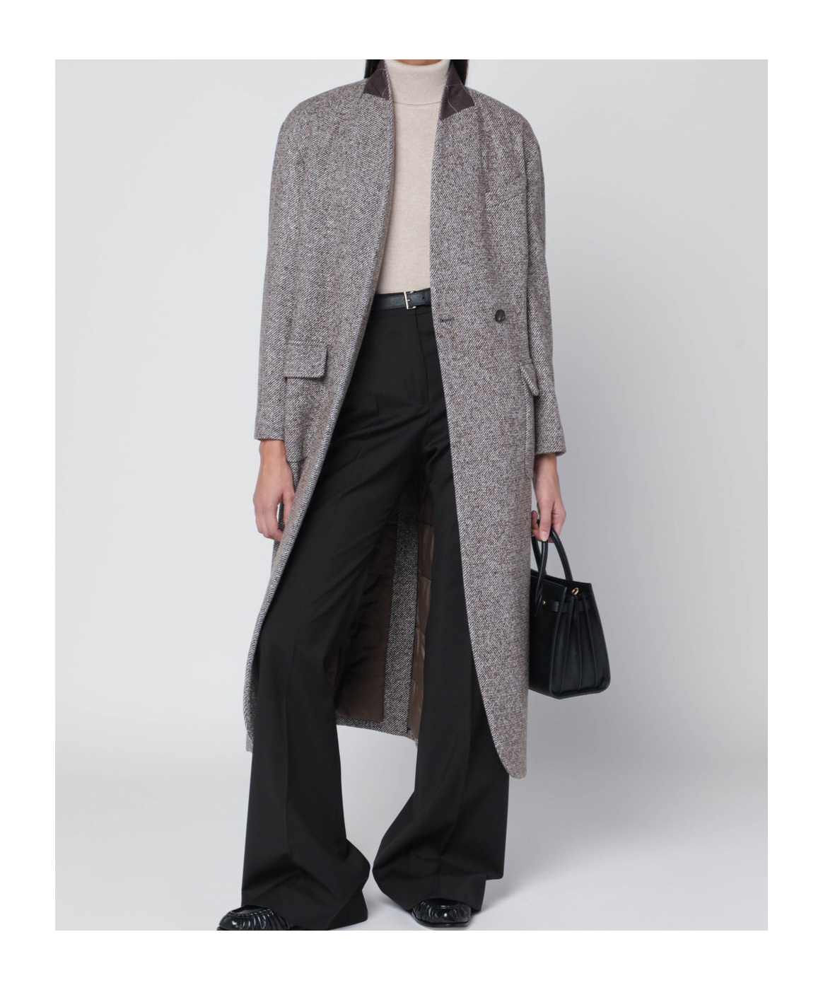 Brunello Cucinelli Wool Blend Coat Featuring Belted Waist In Gray