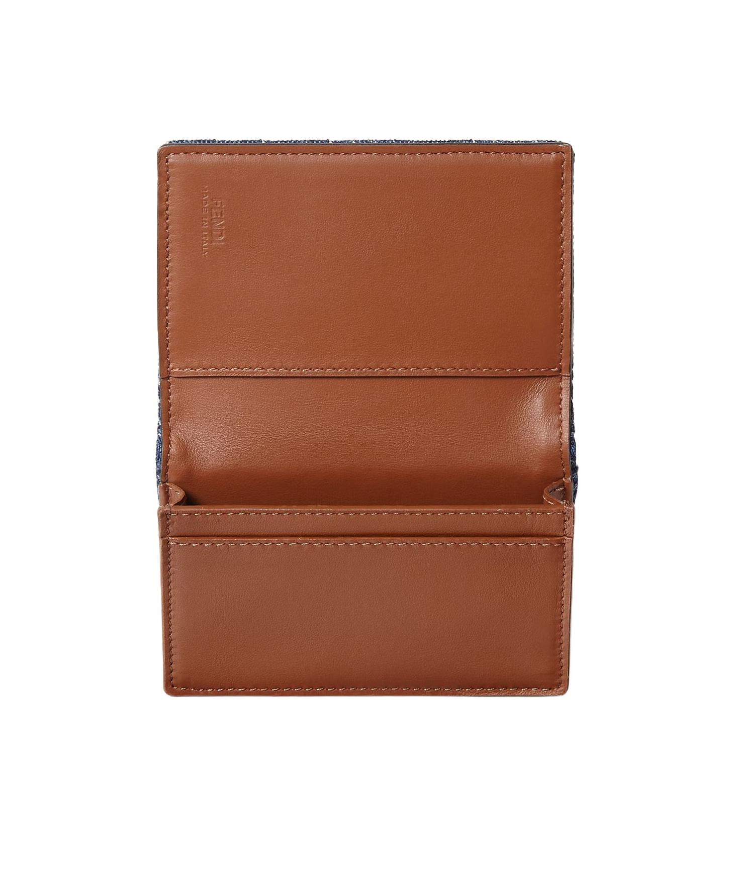 Fendi Brown Leather And Blue Denim-effect Ff Jacquard Card Holder