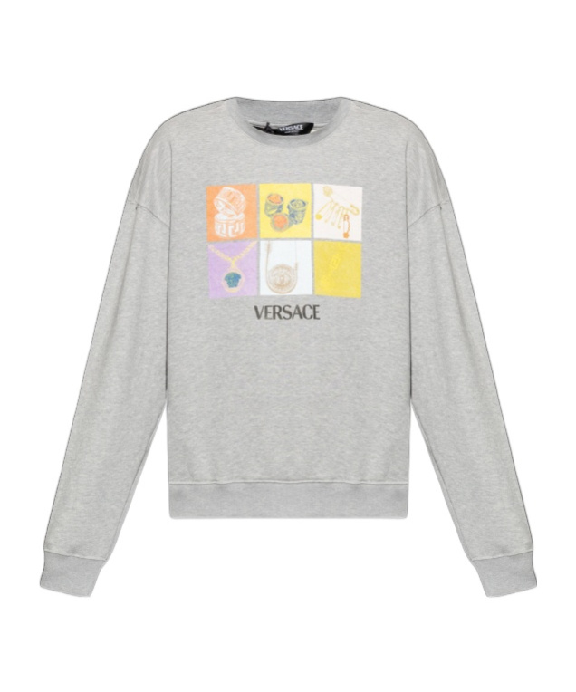 Versace Round-collar Long-sleeve Hoodie In Gray