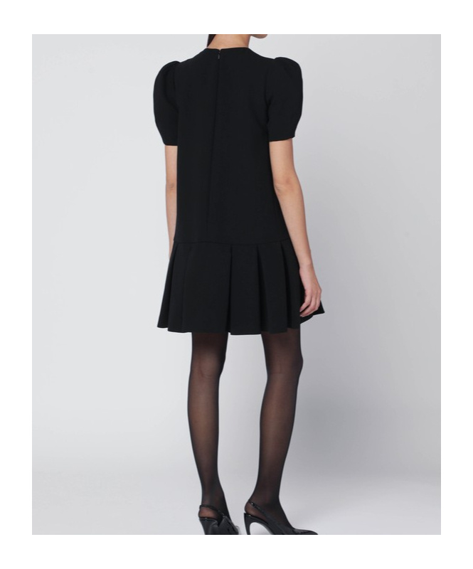 Moschino Twill Dress With Pleated Skirt And Puff Sleeves In Black