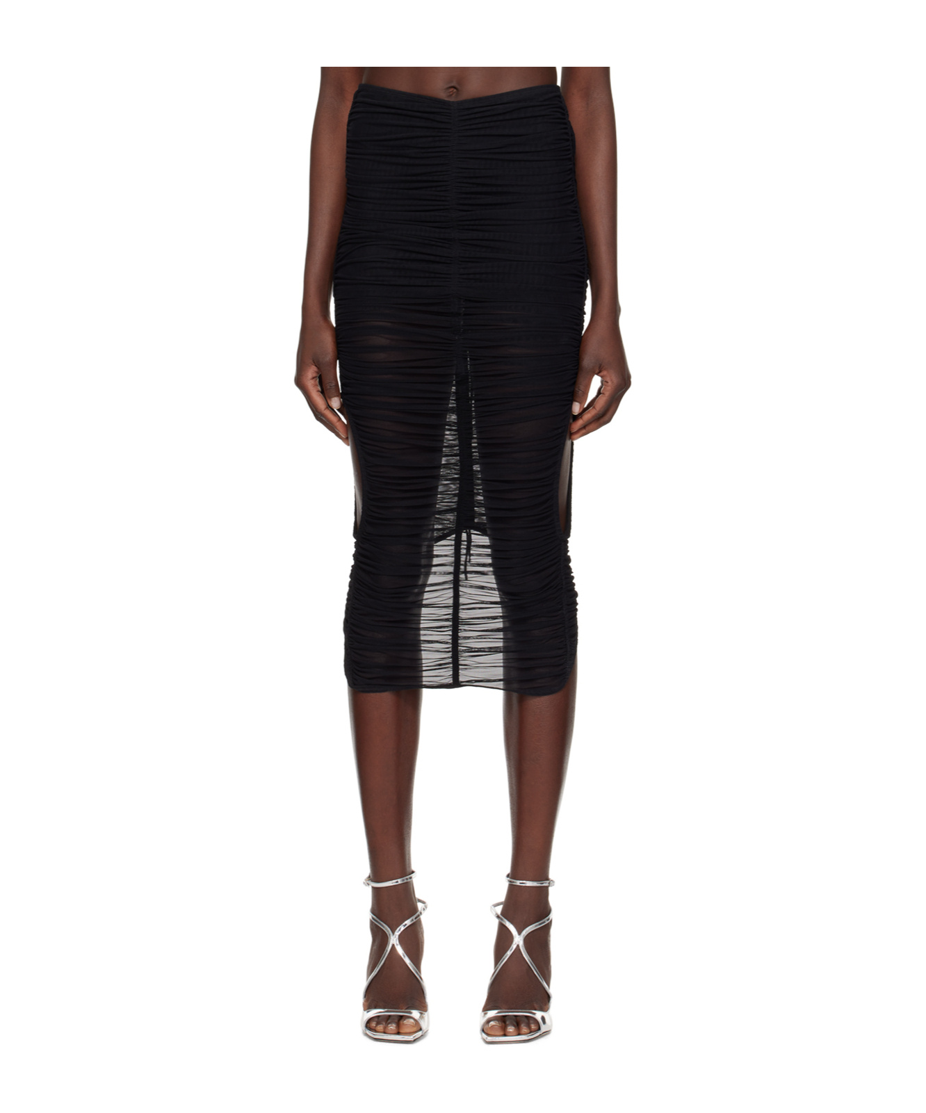 Mugler Draped Mesh Midi Skirt In Black