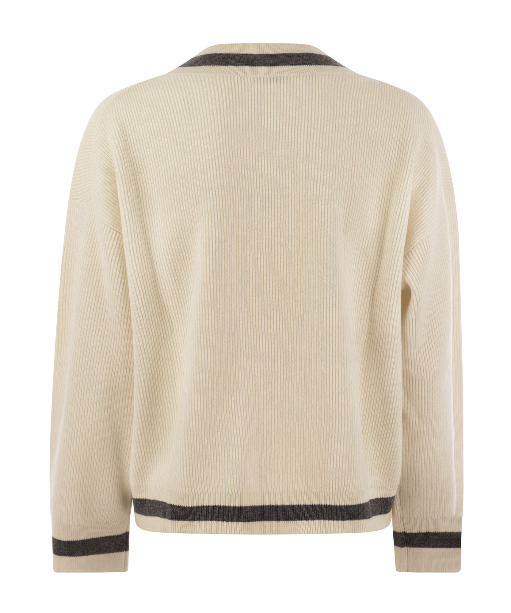 Brunello Cucinelli Ribbed Cashmere Sweater With Contrasting Stripe In Nude