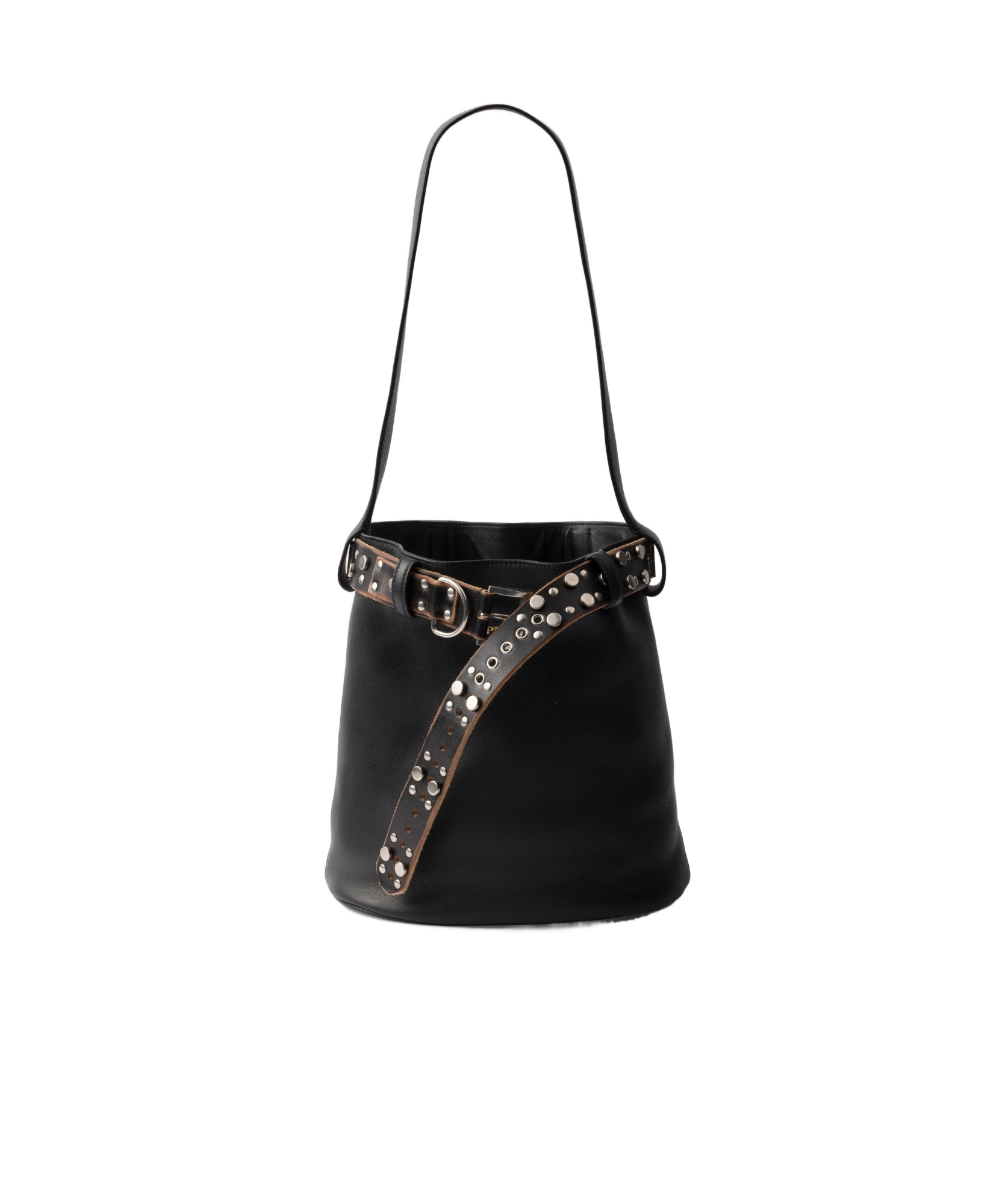 Prada Studded Belt Leather Bucket Bag In Black