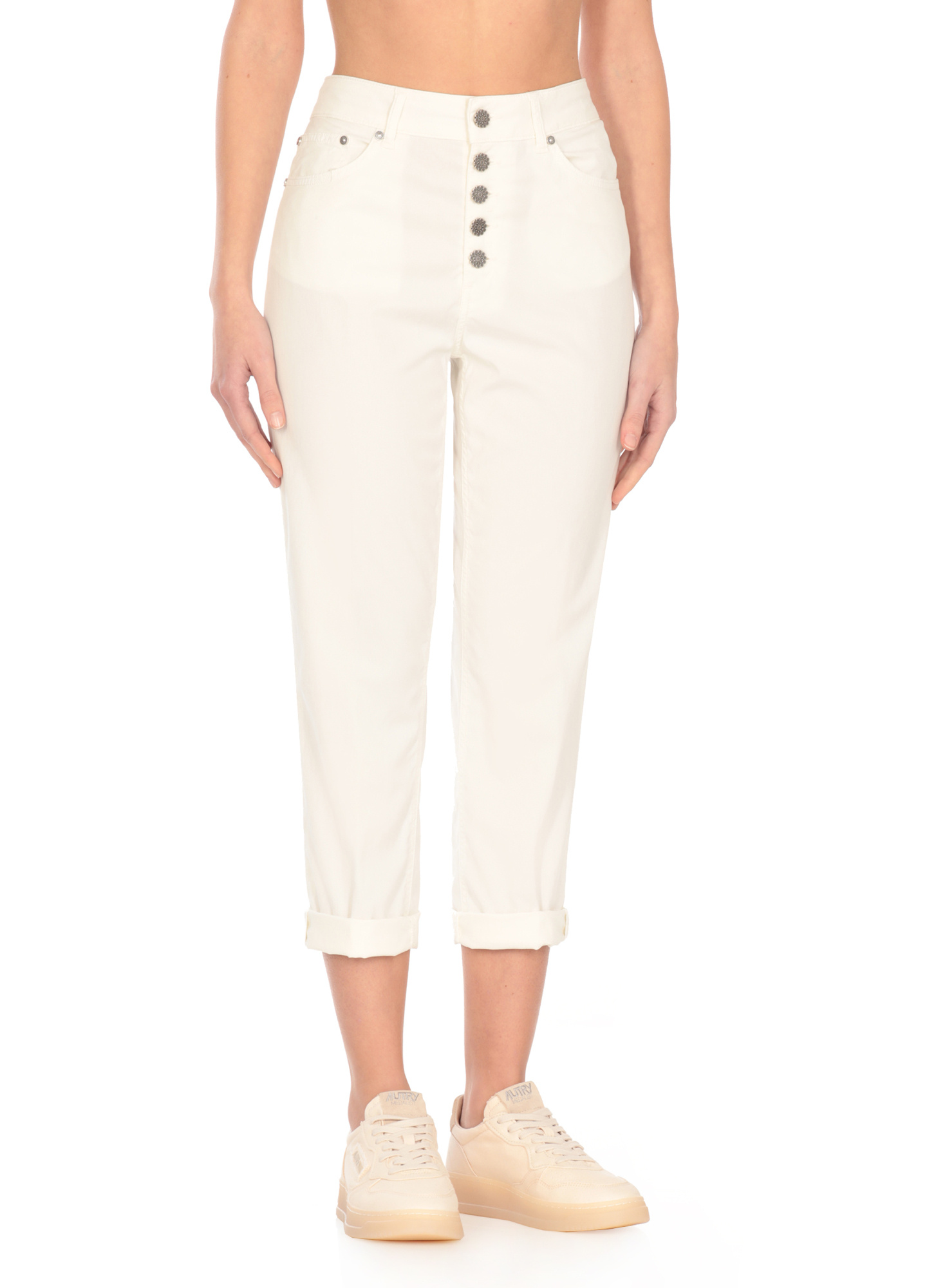 Dondup Cropped Cotton-blend Denim Jeans With Button Detailing In White