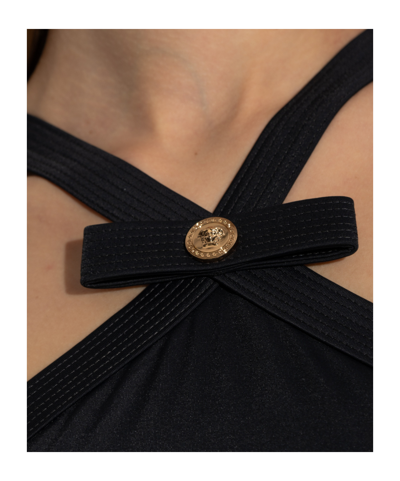 Versace Black Bikini Top With Bow And Gold Logo Plaque