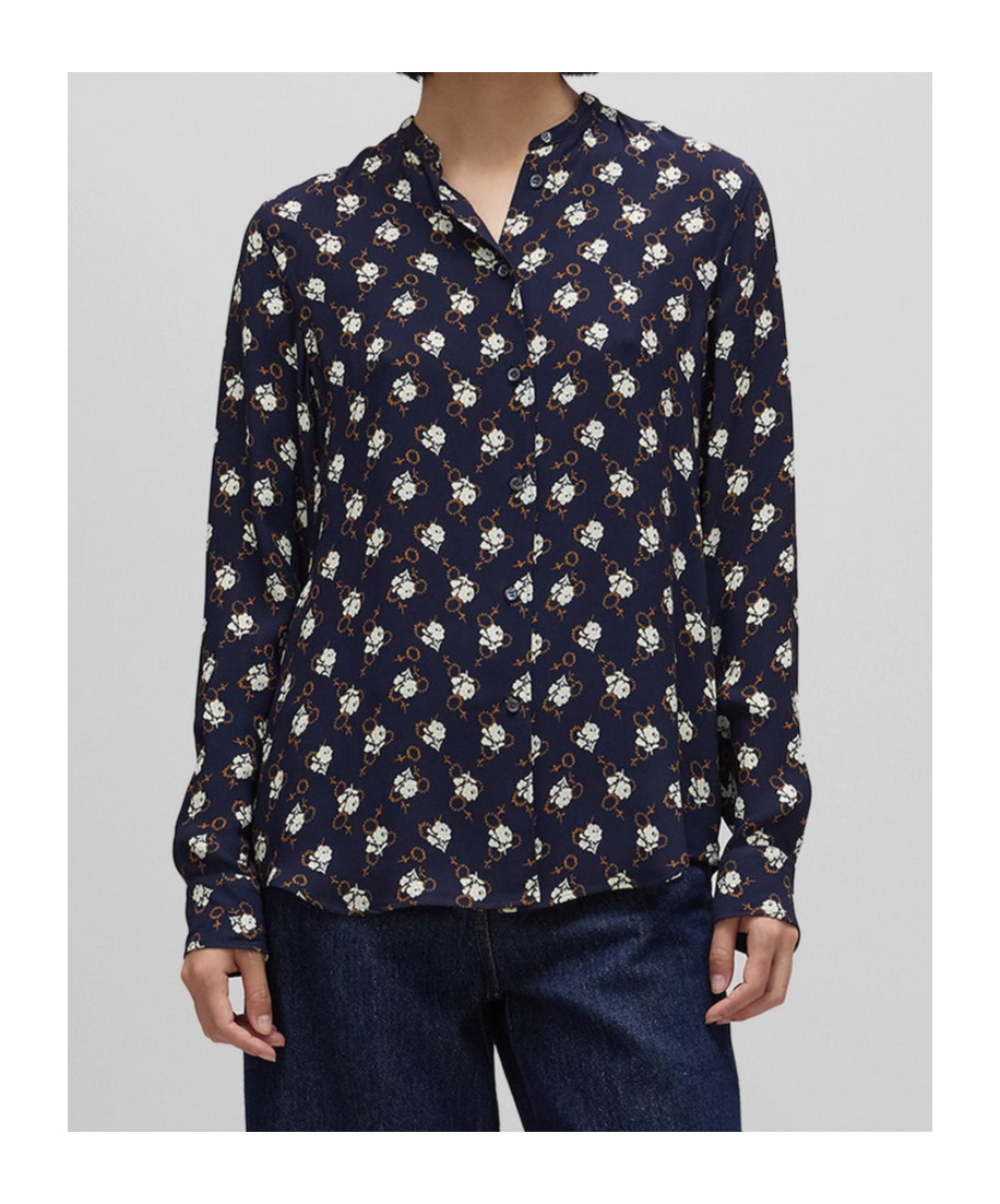 Aspesi Floral-print Viscose Crepe Blouse With Pleated Back In Black