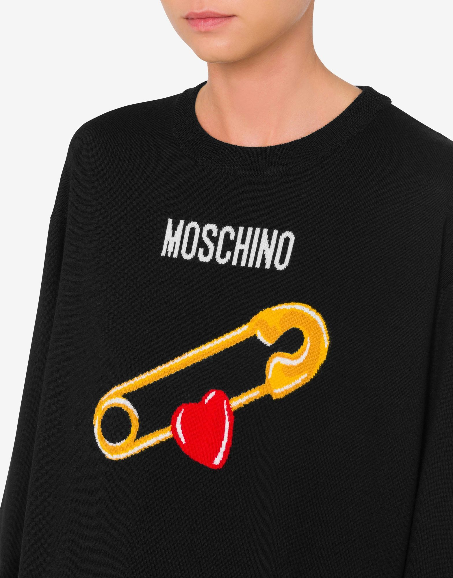 Moschino Black Intarsia Heart Safety Pin Sweater In Black