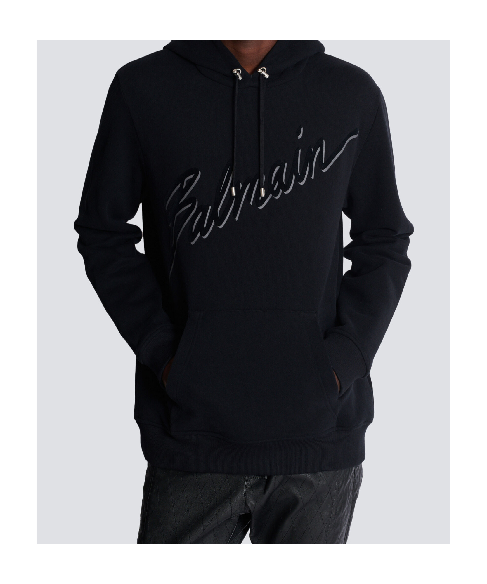 Balmain Cotton Hoodie With Embossed Velvet Logo In Black