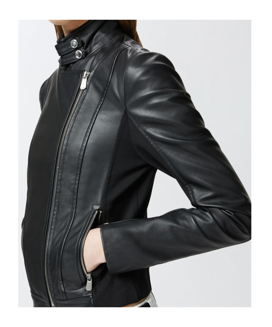 Pinko Blouson De Motard En Cuir Avec Dos En Tissu In Black