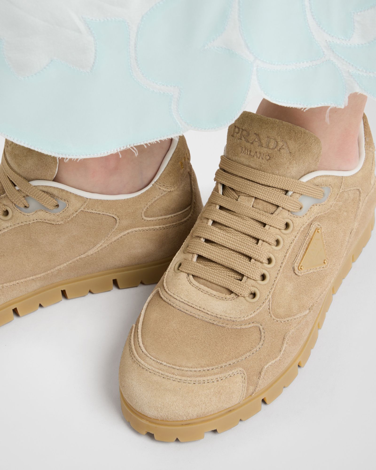 Prada Ecru Suede Sneakers In Brown