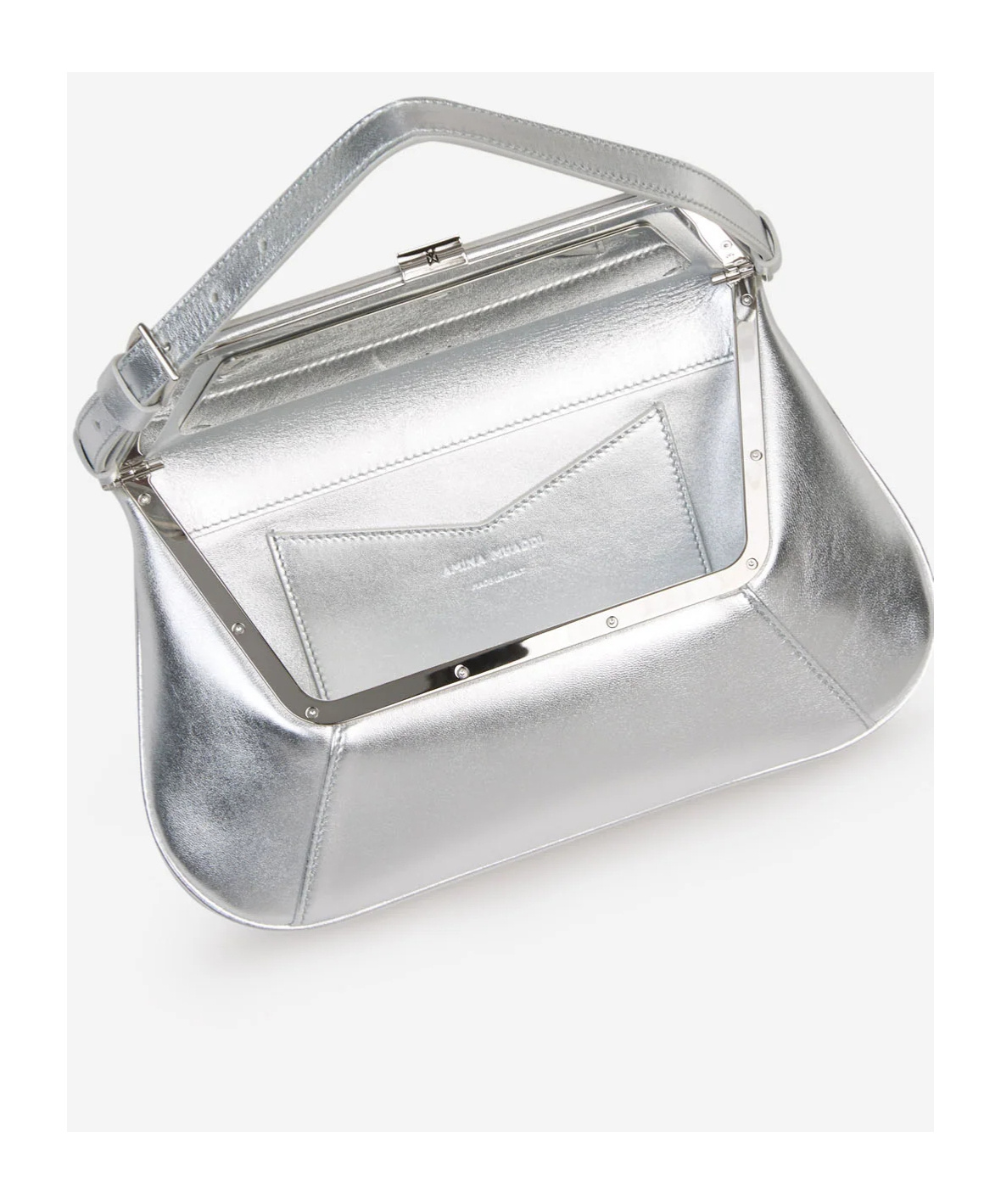 Amina Muaddi Ami Mini Frame Metallic Leather Shoulder Bag In Gray