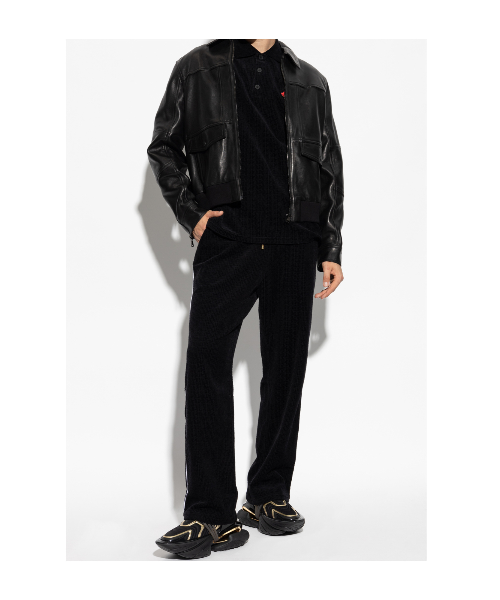 Balmain Lip Motif Collared Polo Shirt In Black