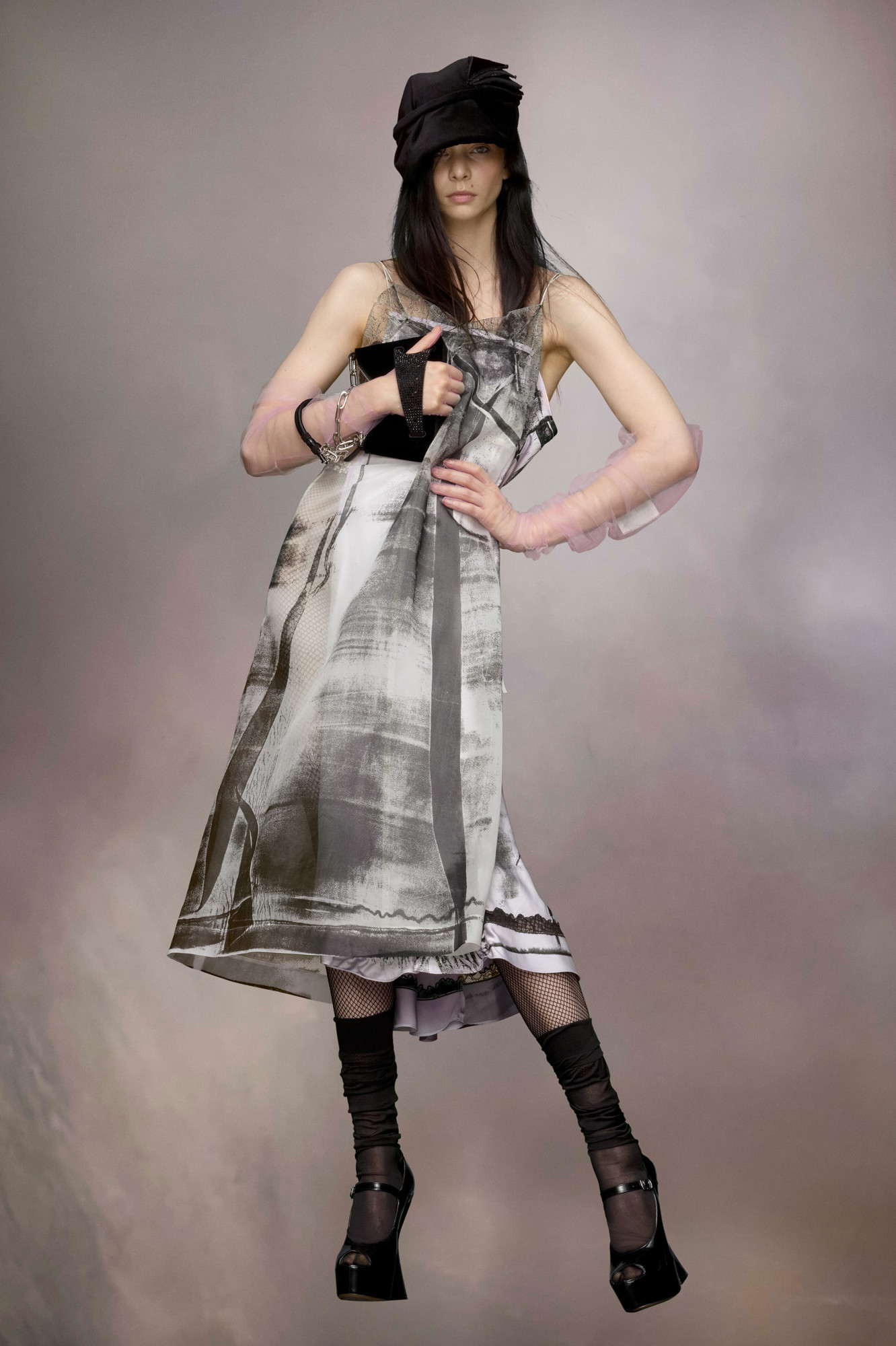 Maison Margiela Lace Trim Abstract-print Midi Slip Dress In Gray