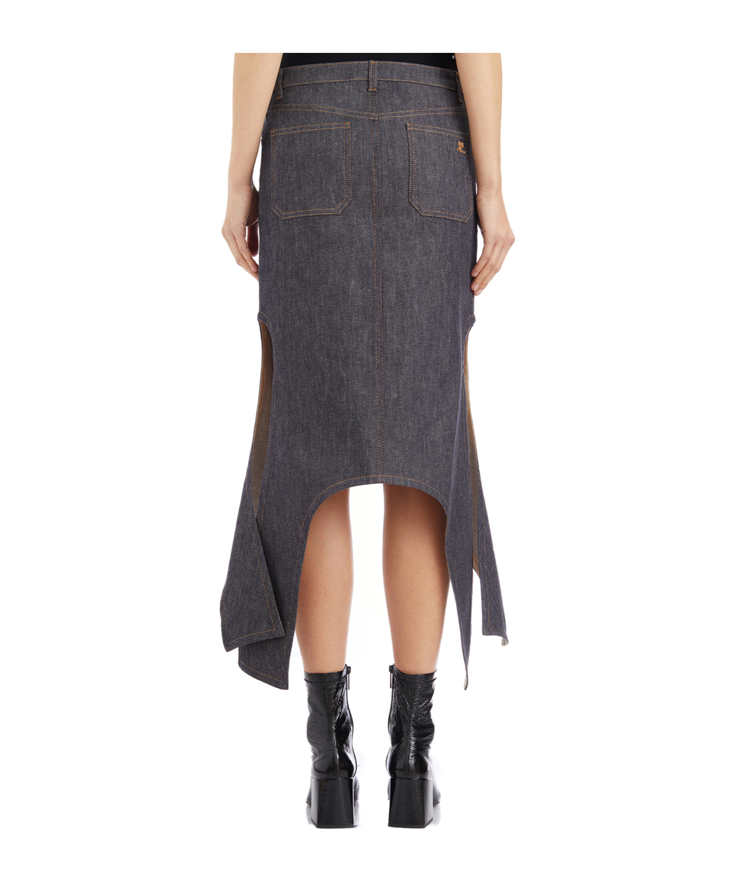 Courrèges Gray Reversed Denim Midi Skirt In Black