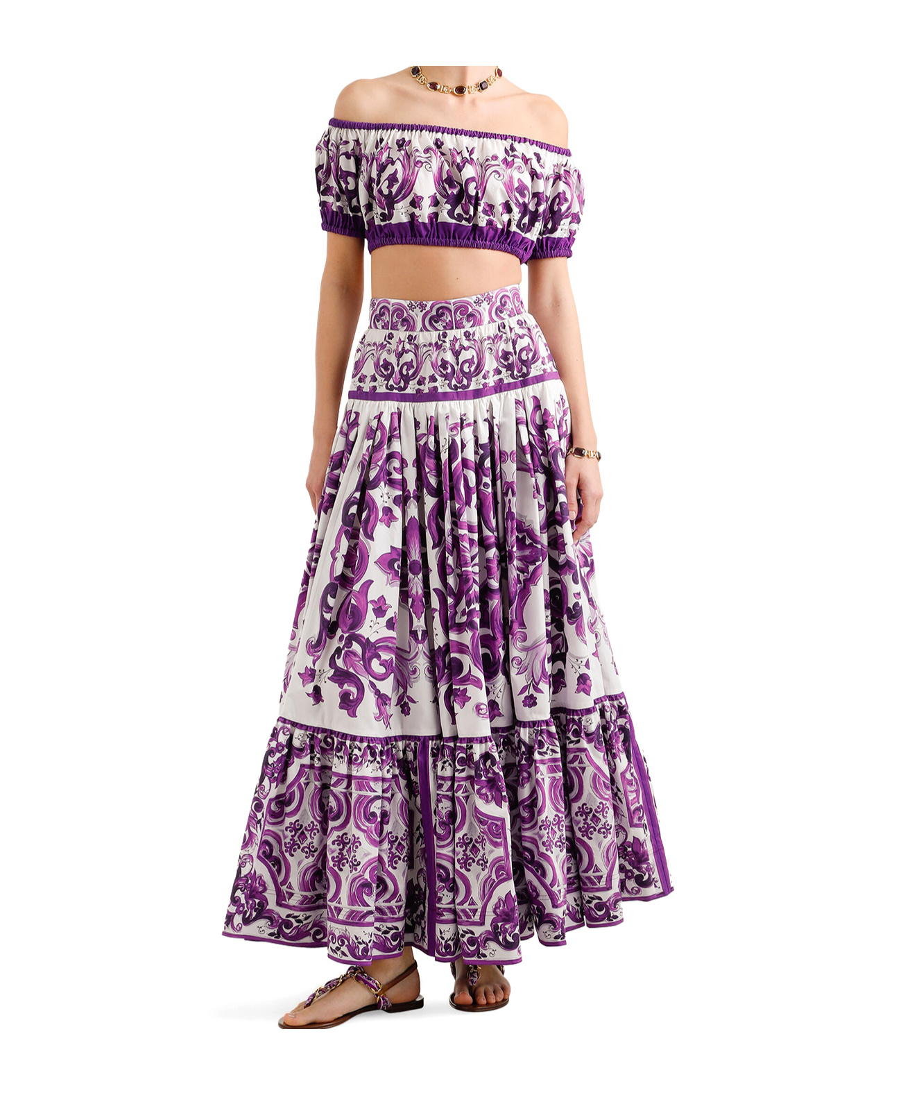 Dolce & Gabbana Violet Long Skirt With Ruffle Hem And All-over Floral Motif In Cotton Woman