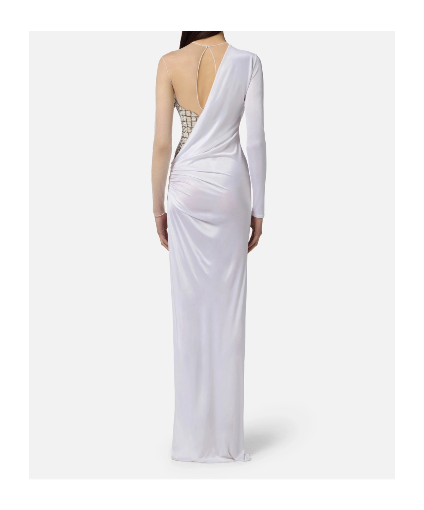 Elisabetta Franchi Red Carpet Tulle And Jersey Dress With Crocodile-effect Embroideries In White