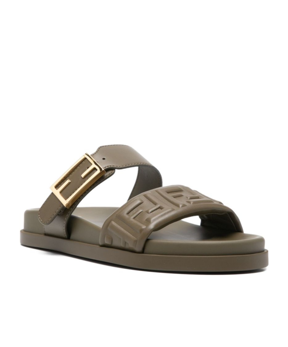 Fendi Buckle Embossed-ff Sandals In Green