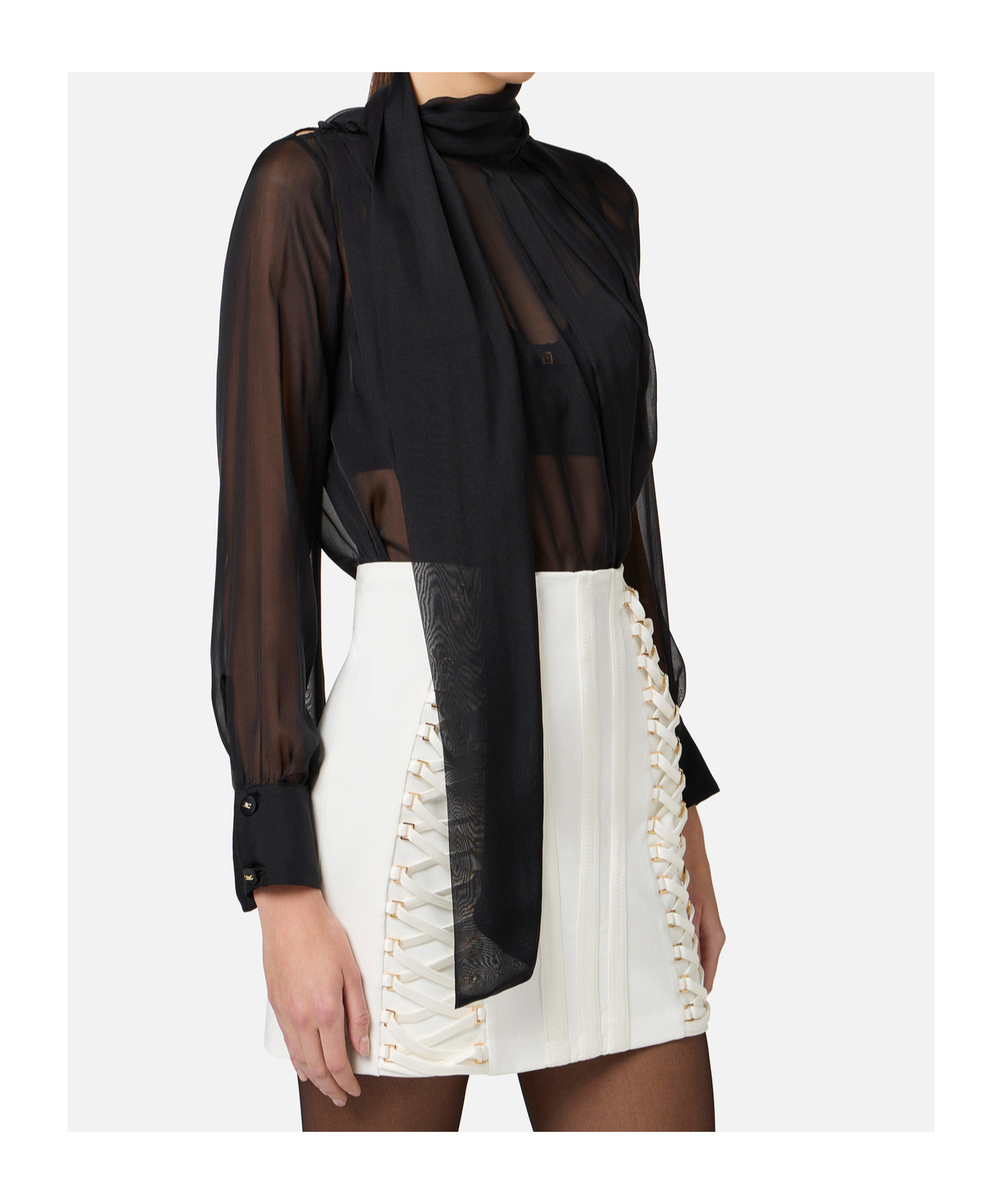 Shop Elisabetta Franchi Voile Tie-neck Blouse In Gray