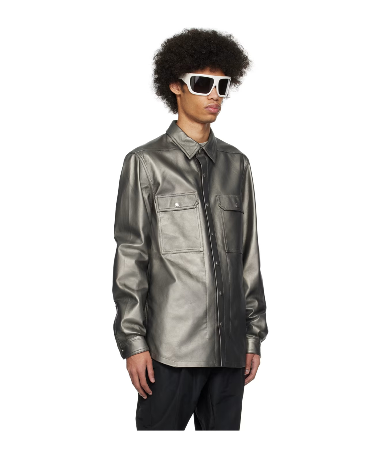 Rick Owens Metallic Leather Shirt Jacket In Black