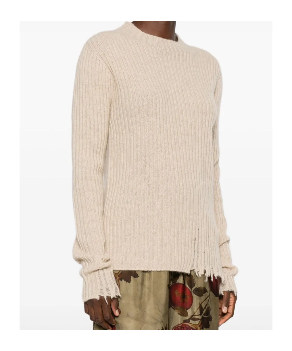 Uma Wang Ribbed Frayed-trims Sweater In Brown