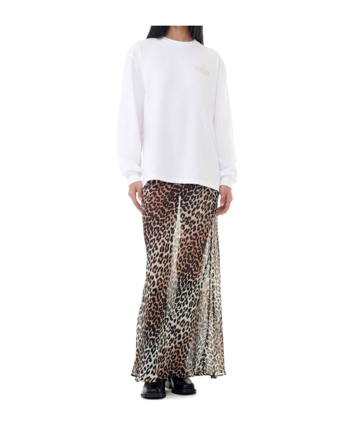 Ganni Future Heavy Jersey Palm Long Sleeve Tee Bright White In White