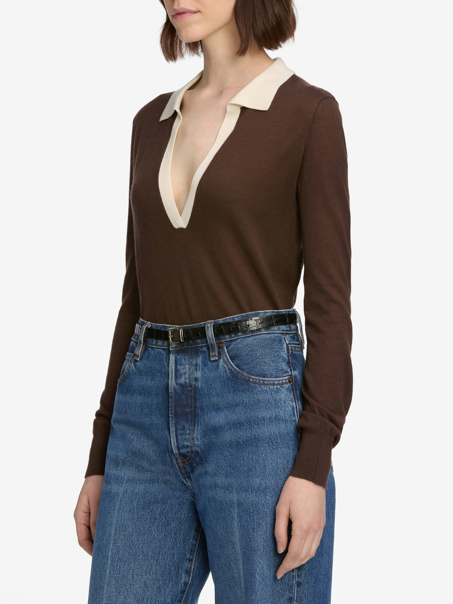 Frame Two-tone Long-sleeved Polo Shirt In Brown