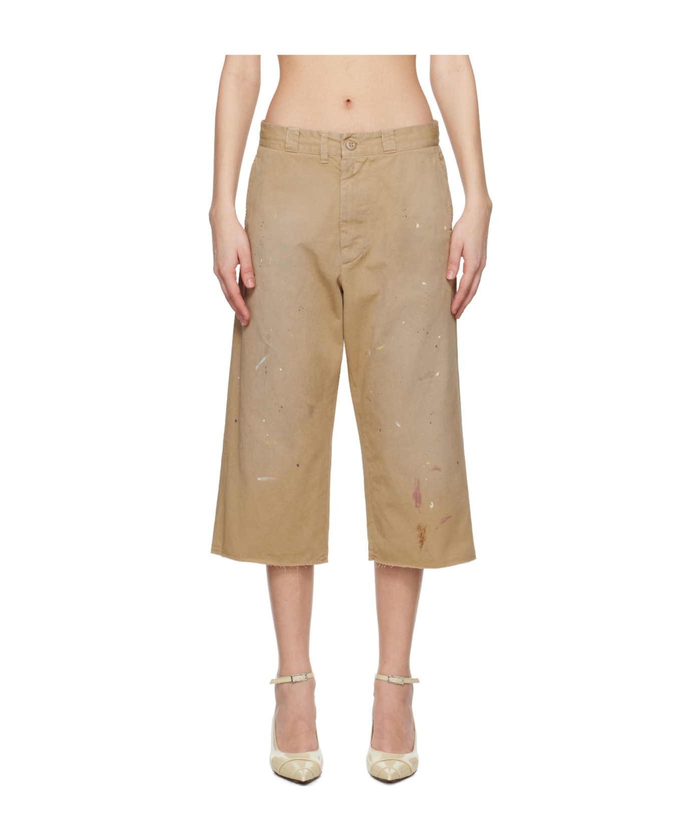 Mm6 Maison Margiela Belt Loops Paint Splatter Design Shorts In Sand Beige