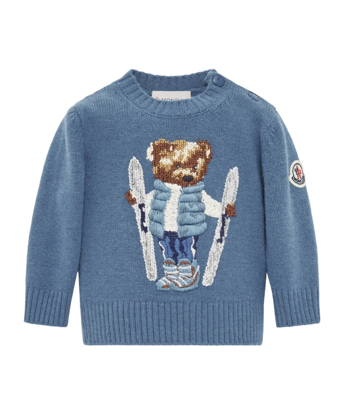 Moncler Teddy Bear Embroidered Wool Sweater In Blue