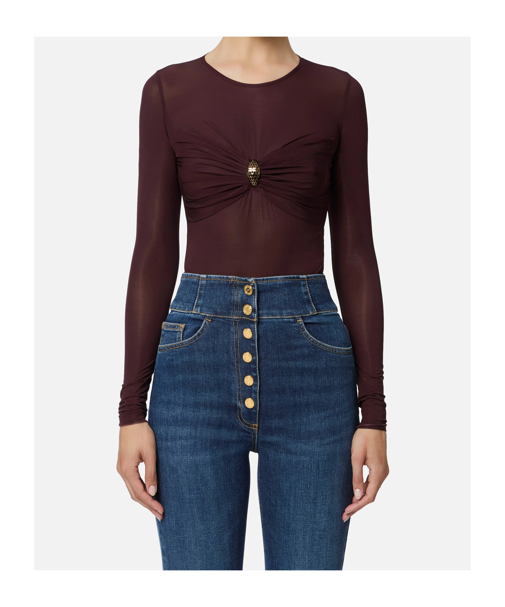Elisabetta Franchi Bodysuit In Jersey Fabric With Jewel Detail In Burgundy