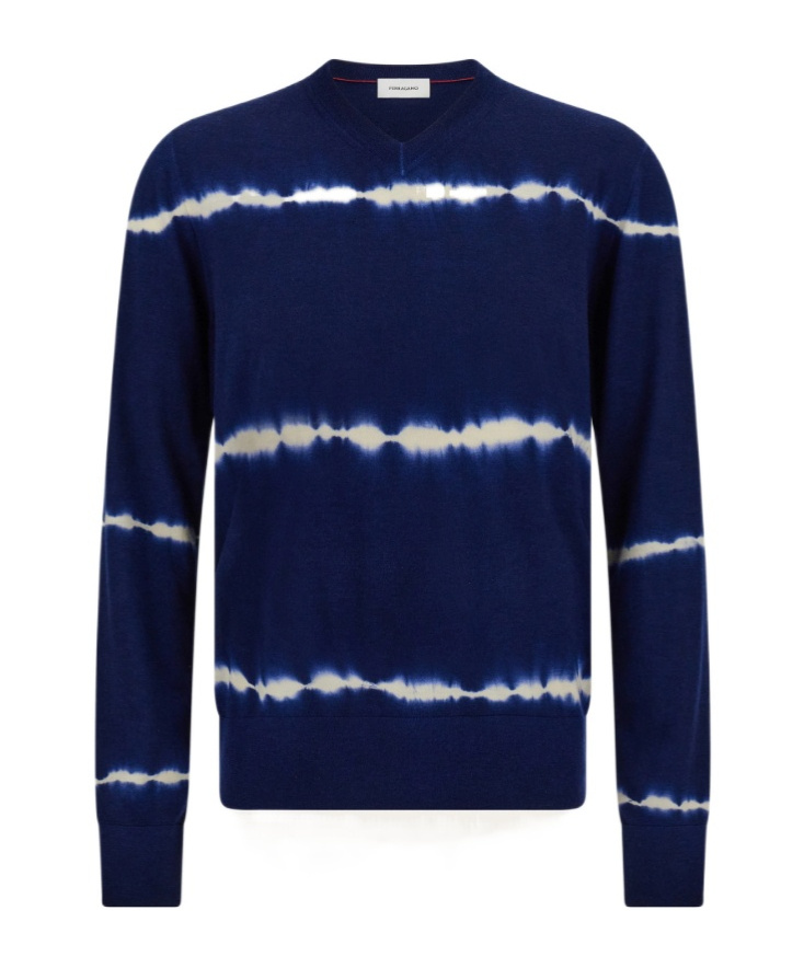 Ferragamo Tie Dye Wool V-neck Pullover In Blue