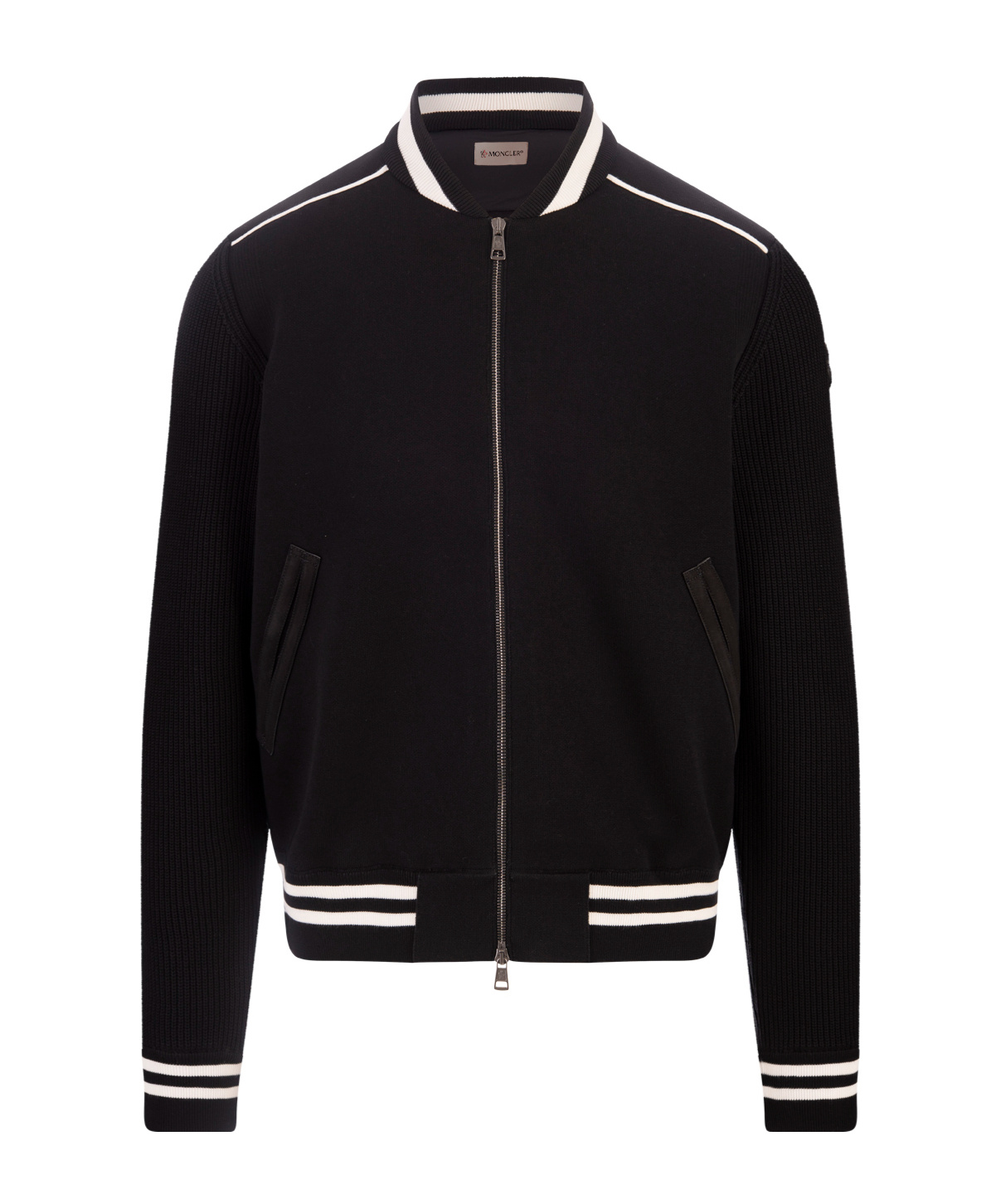 Moncler Black Bomber Style Cardigan With Striped Hem In Black