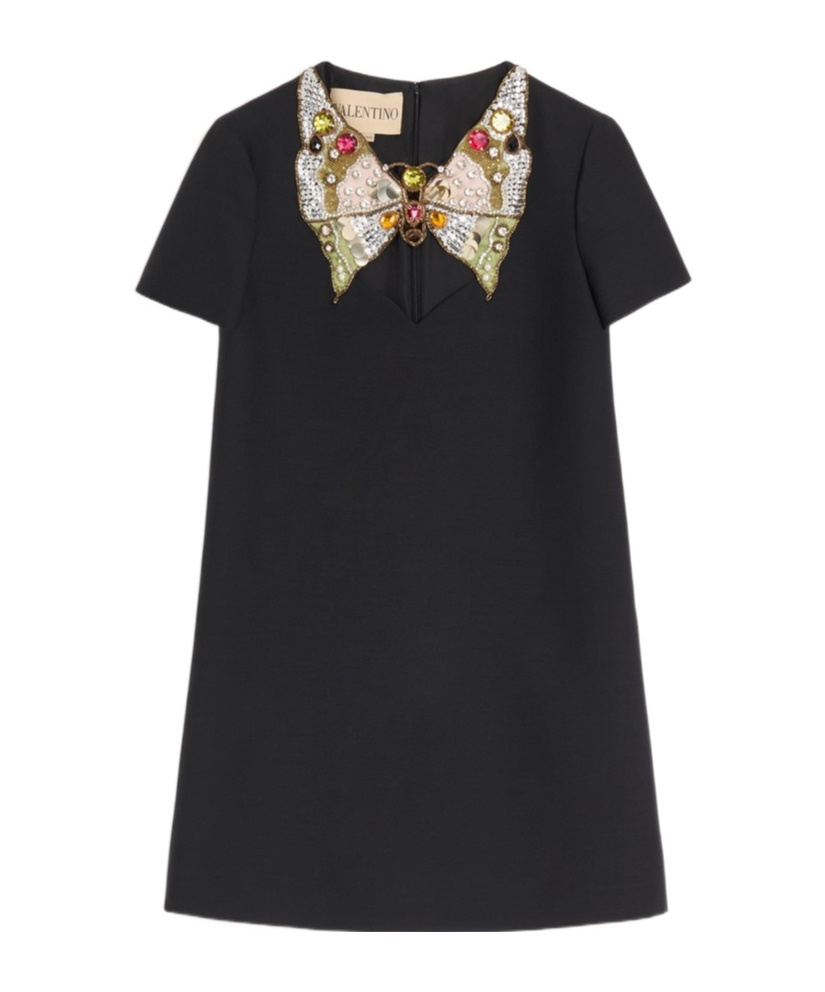 Valentino Embroidered Crepe Couture Short Dress In Black