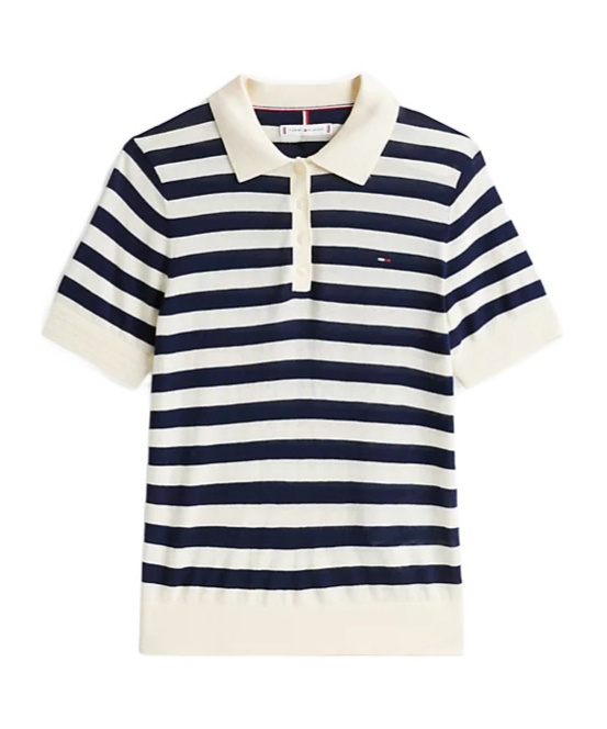 Tommy Hilfiger Womens Metallic Cotton Polo Top In White Stripes
