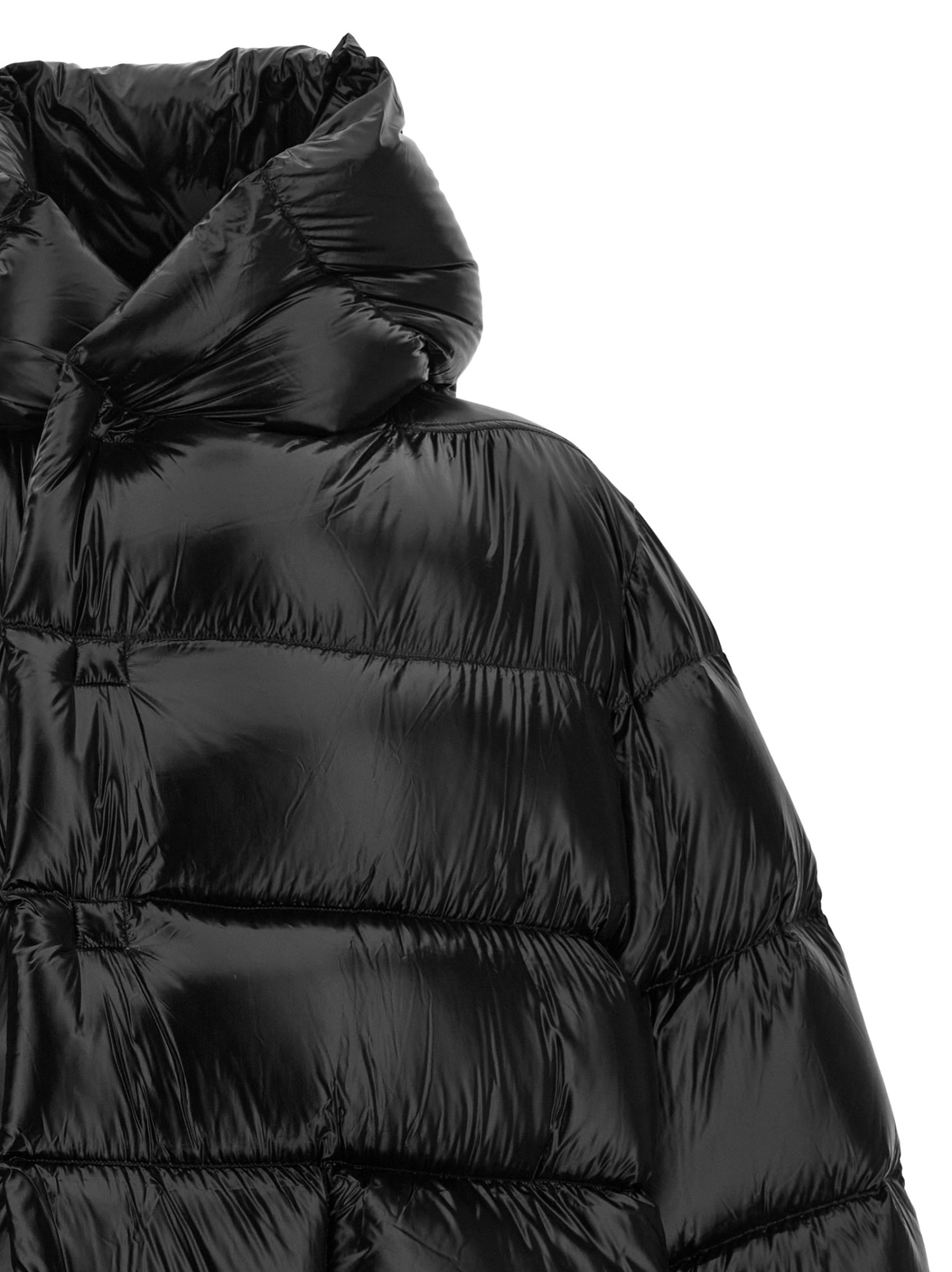 Rick Owens Quilted Black Down Coat With Design In Black