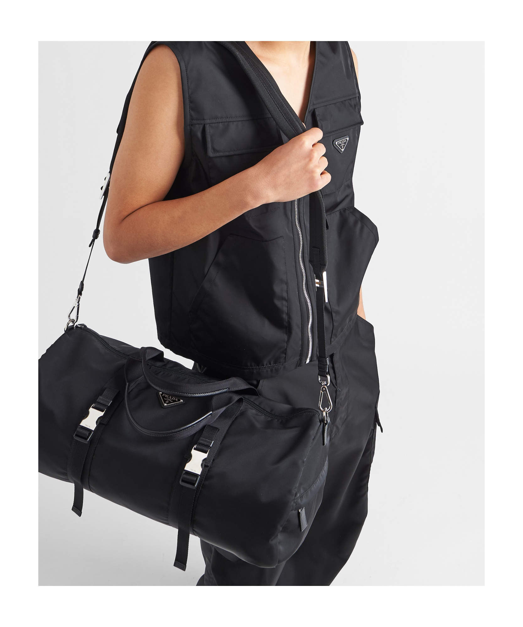 Prada Duffle Bag In Technical Nylon With Triangular Logo In Black