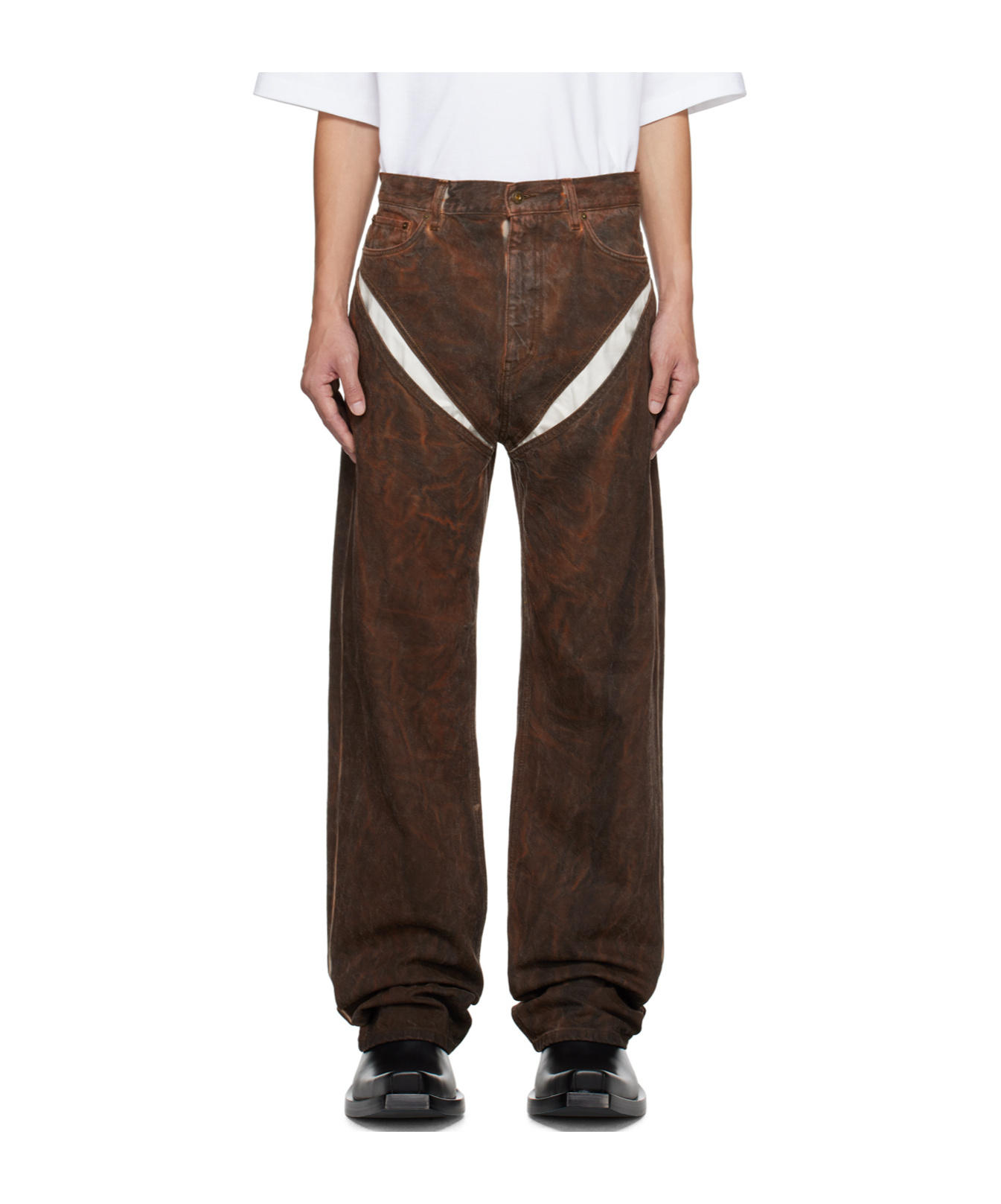 Y/project Logo Patch Denim Trousers In Brown