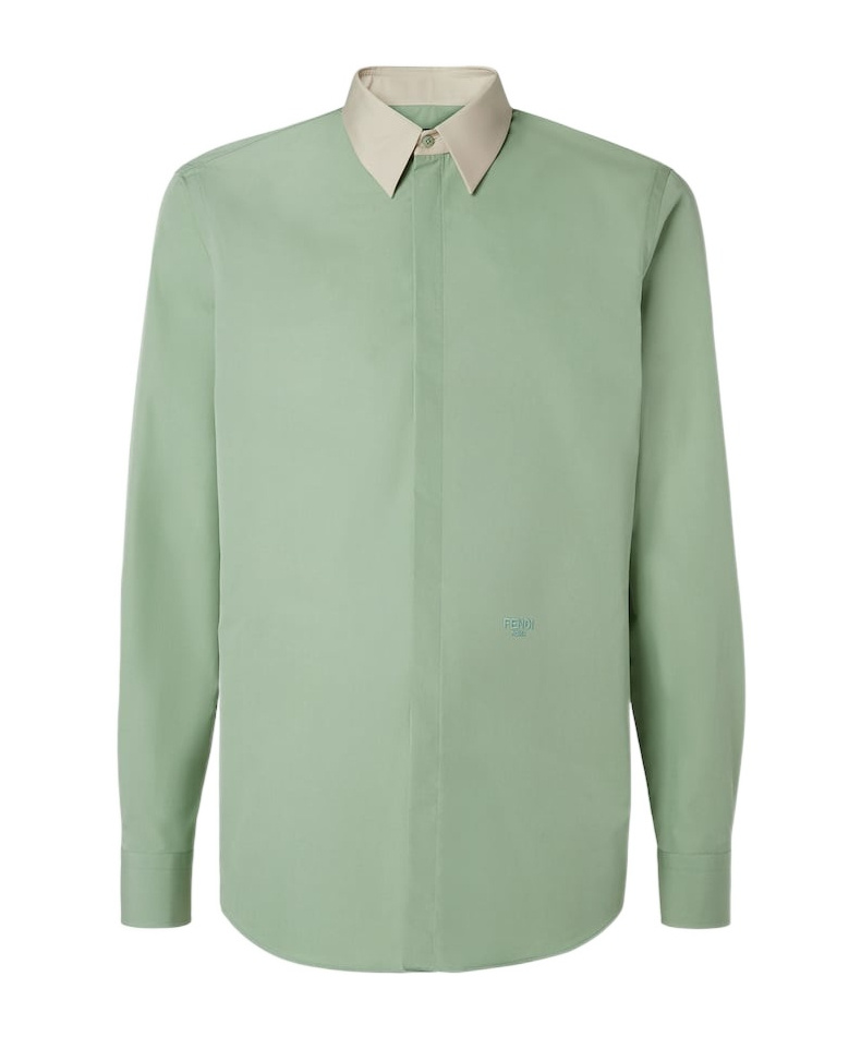 Fendi Contrast-collar Logo-embroidered Shirt In Green
