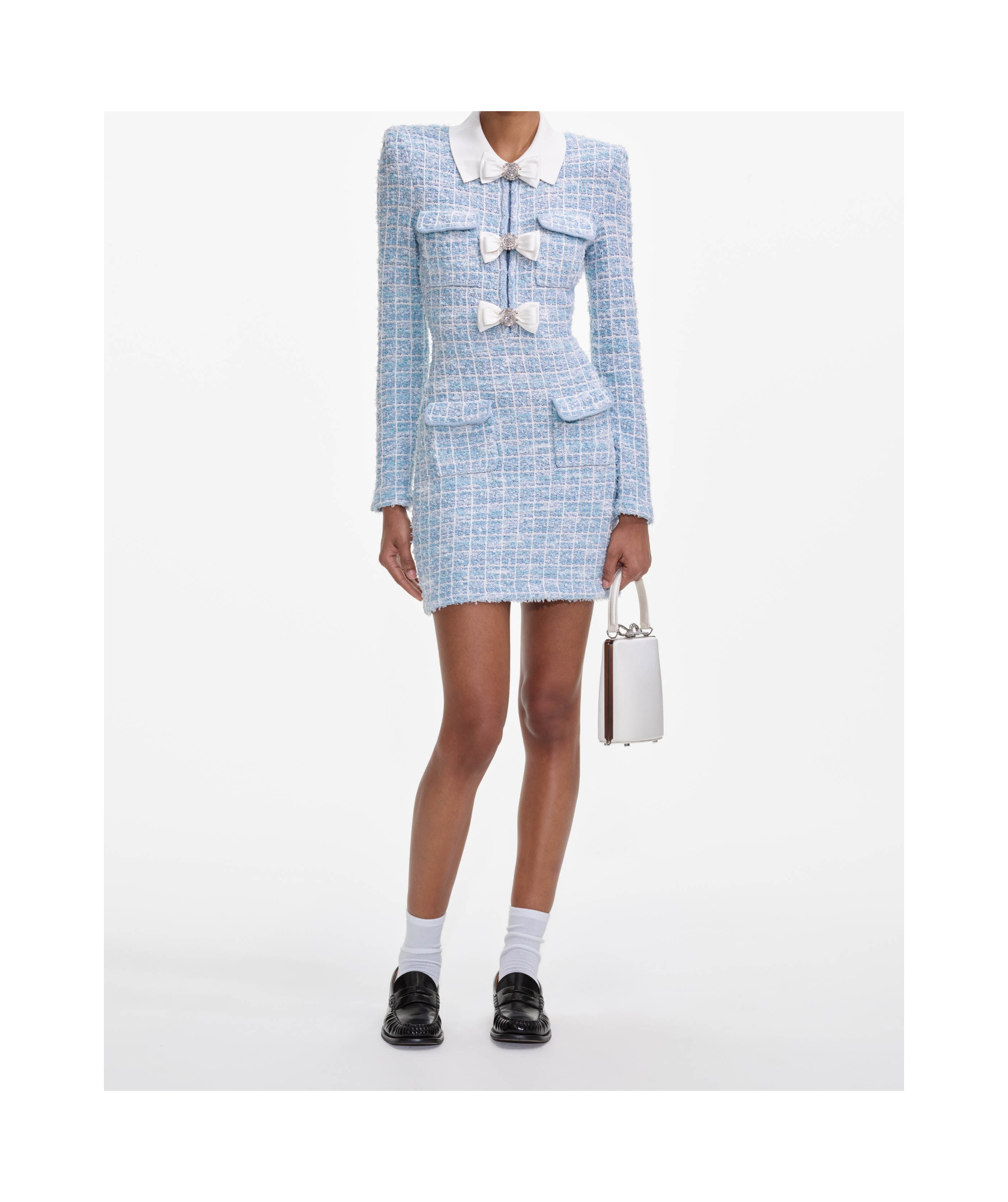 Self-portrait Check Collared Knit Mini Dress In Blue