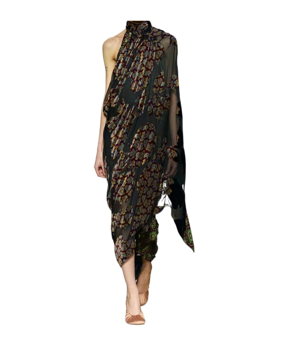 Dries Van Noten Turtle Neck One Sleeve Layered Long Dress In Black