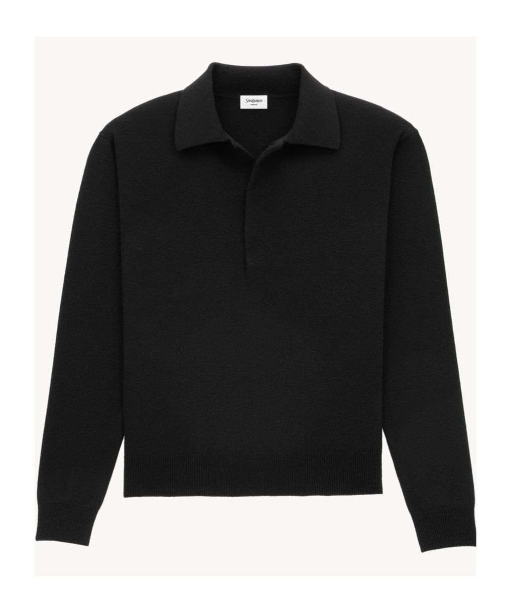 Saint Laurent Wool Collared Polo Shirt With Hidden Buttoning In Black