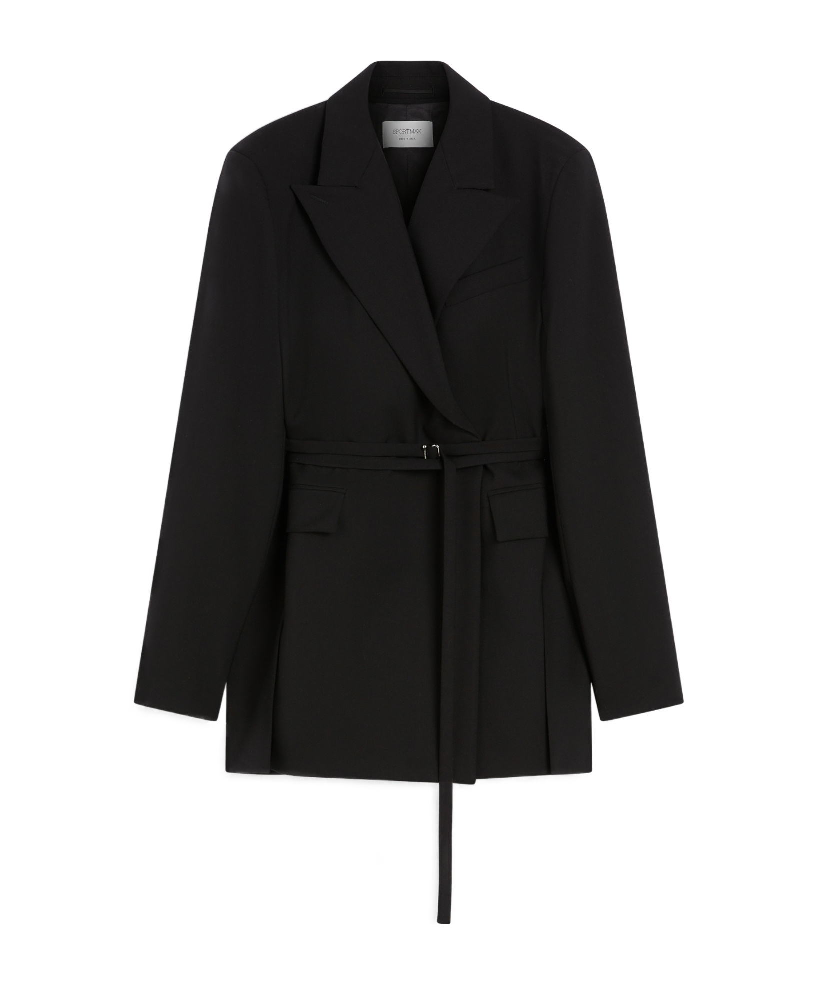Sportmax Long Double-breasted Black Jacket With Belt In Black