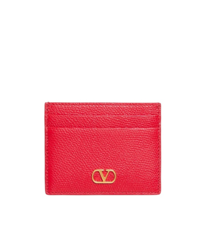 Valentino Garavani Vlogo Signature Grainy Calfskin Card Holder In Red